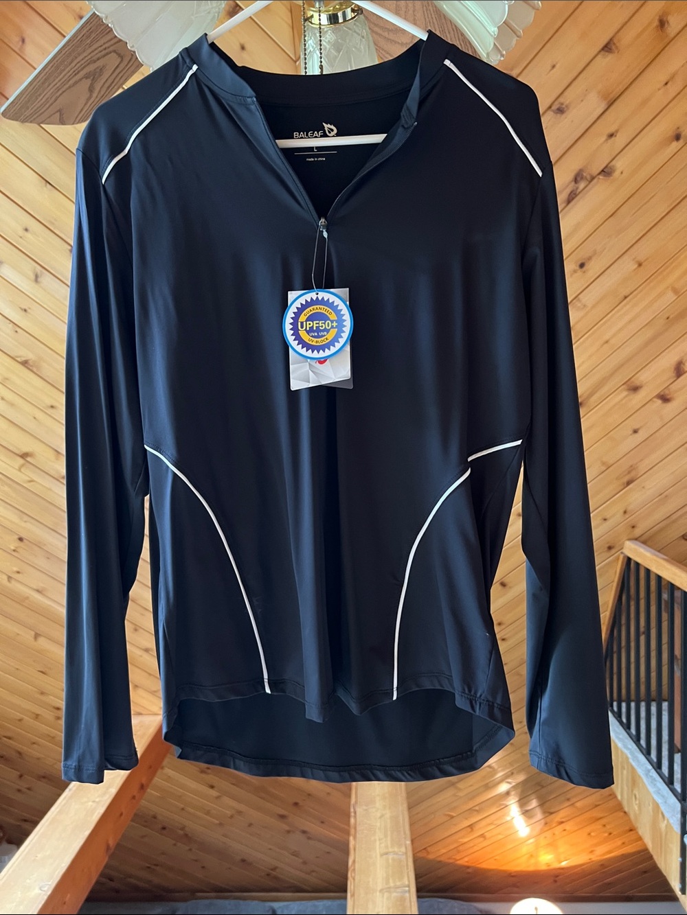 Baleaf Black Long Sleeve UPF50+ Zip Sun Shirt with White Piping